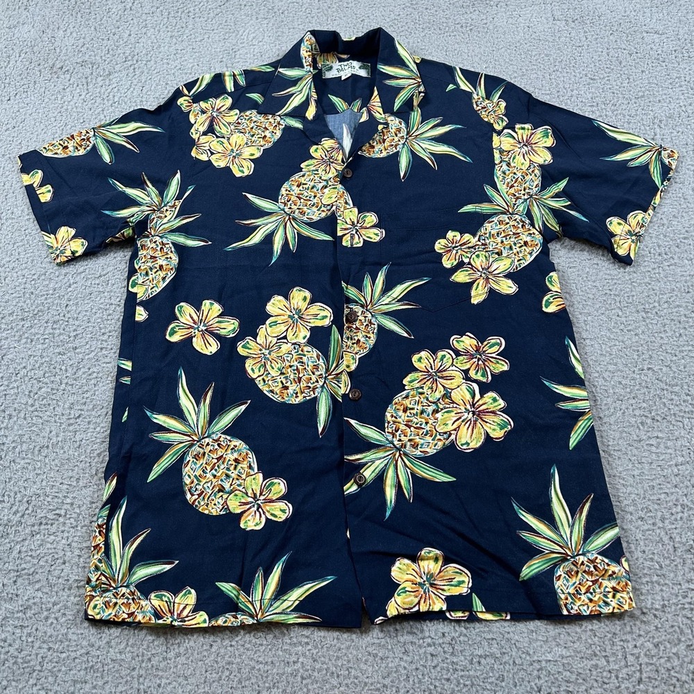 Two Palms‎ Hawaiian Shirt Mens XS Navy Pineapple Floral Aloha Rayon Made Hawaii